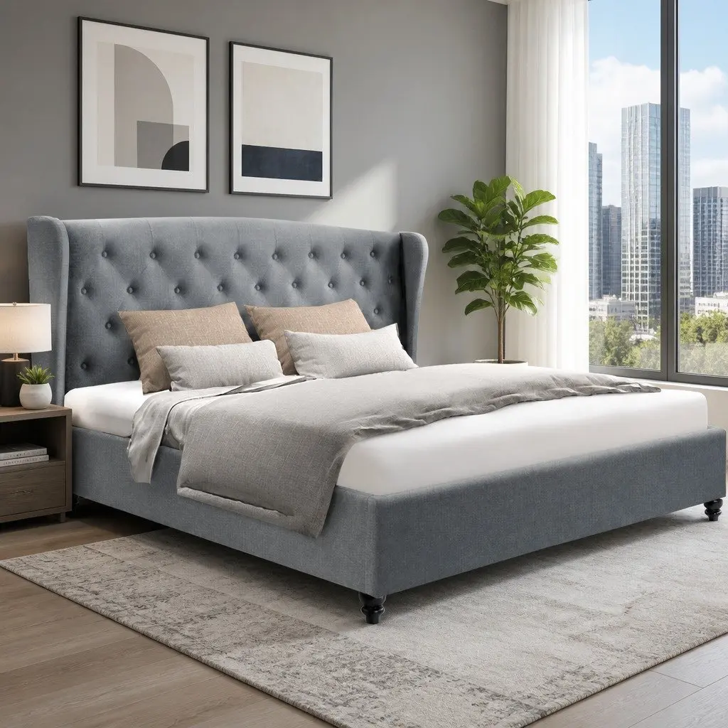 King Size Bed Frame with Upholstered Headboard