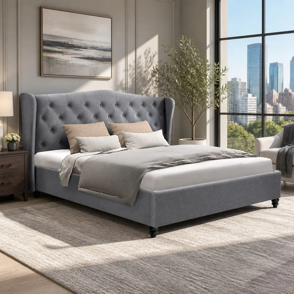 King Size Bed Frame with Upholstered Headboard