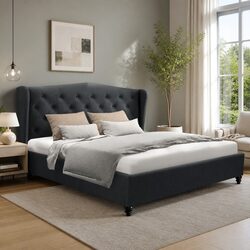 Queen Size Bed Frame with Charcoal Upholstered Wing Headboard