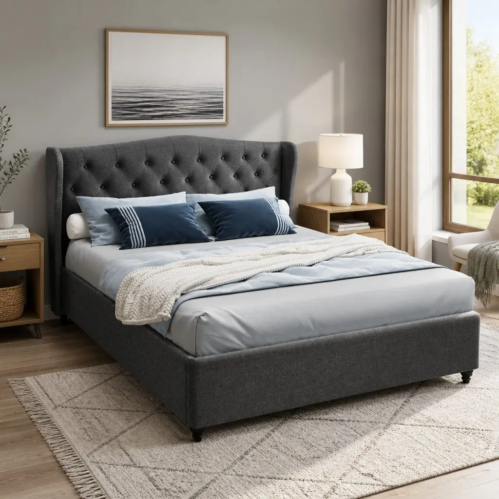 Queen Size Bed Frame with Charcoal Upholstered Wing Headboard