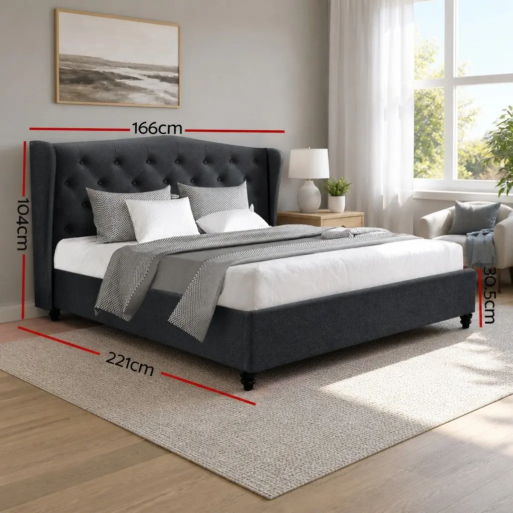 Queen Size Bed Frame with Charcoal Upholstered Wing Headboard
