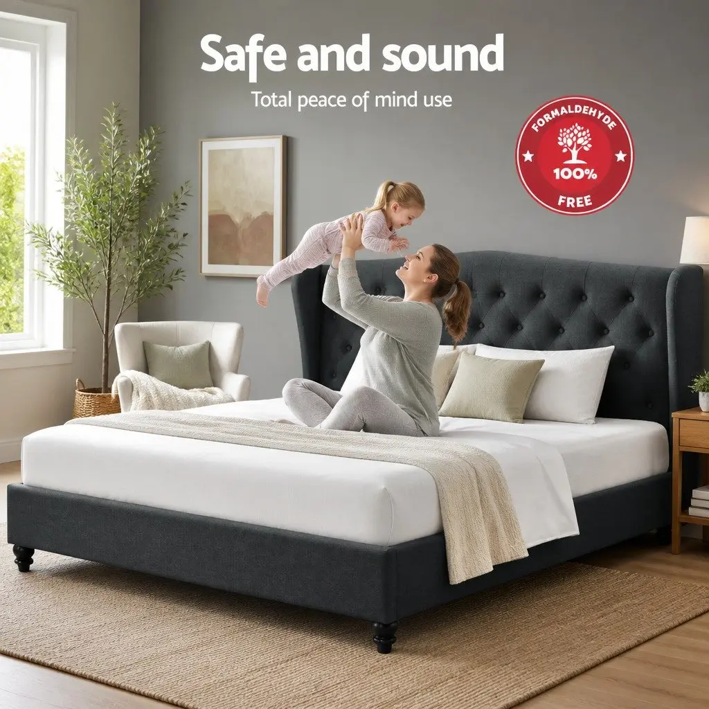 Queen Size Bed Frame with Charcoal Upholstered Wing Headboard
