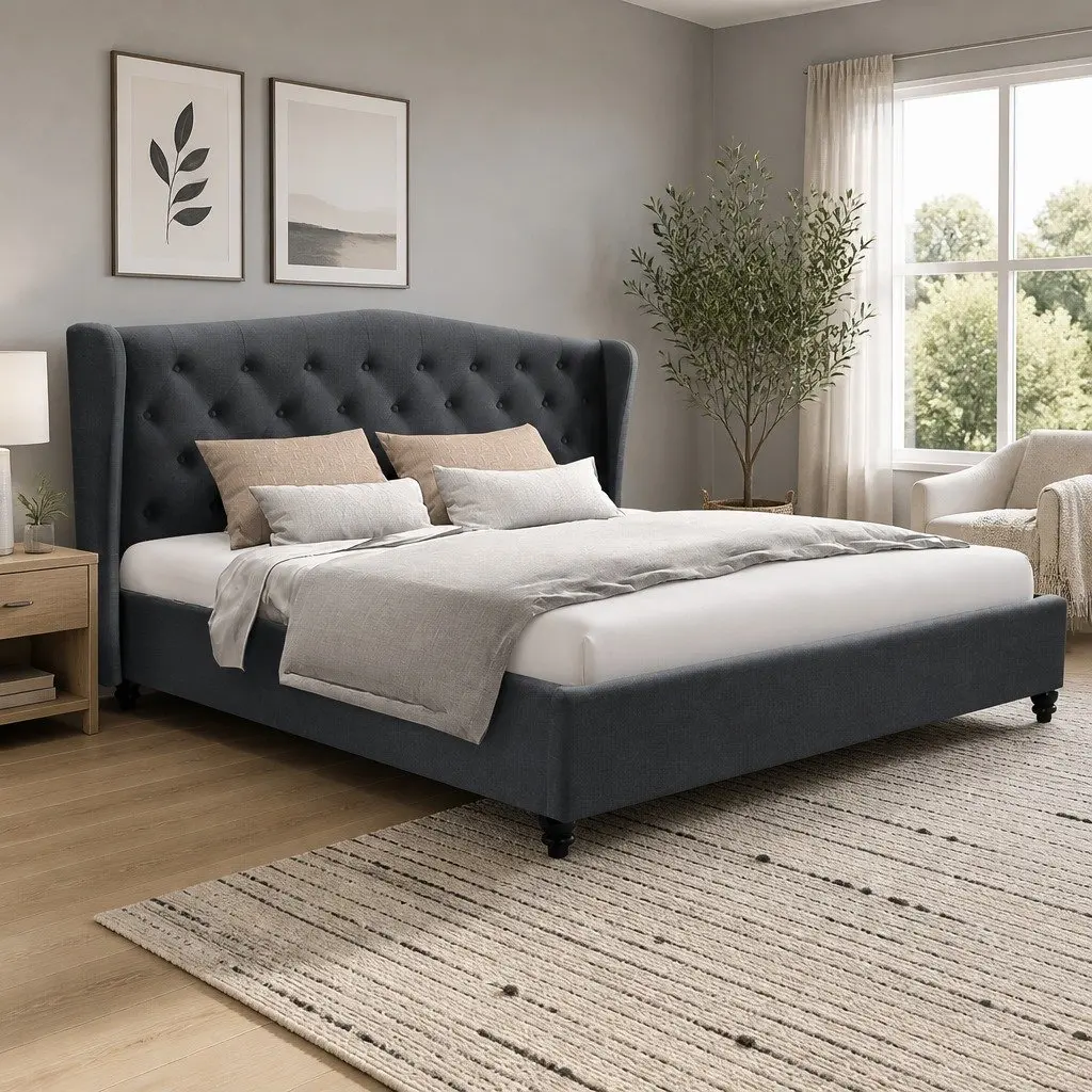 Queen Size Bed Frame with Charcoal Upholstered Wing Headboard