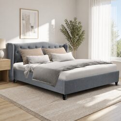 Grey Upholstered Queen Bed Frame with Wing Headboard