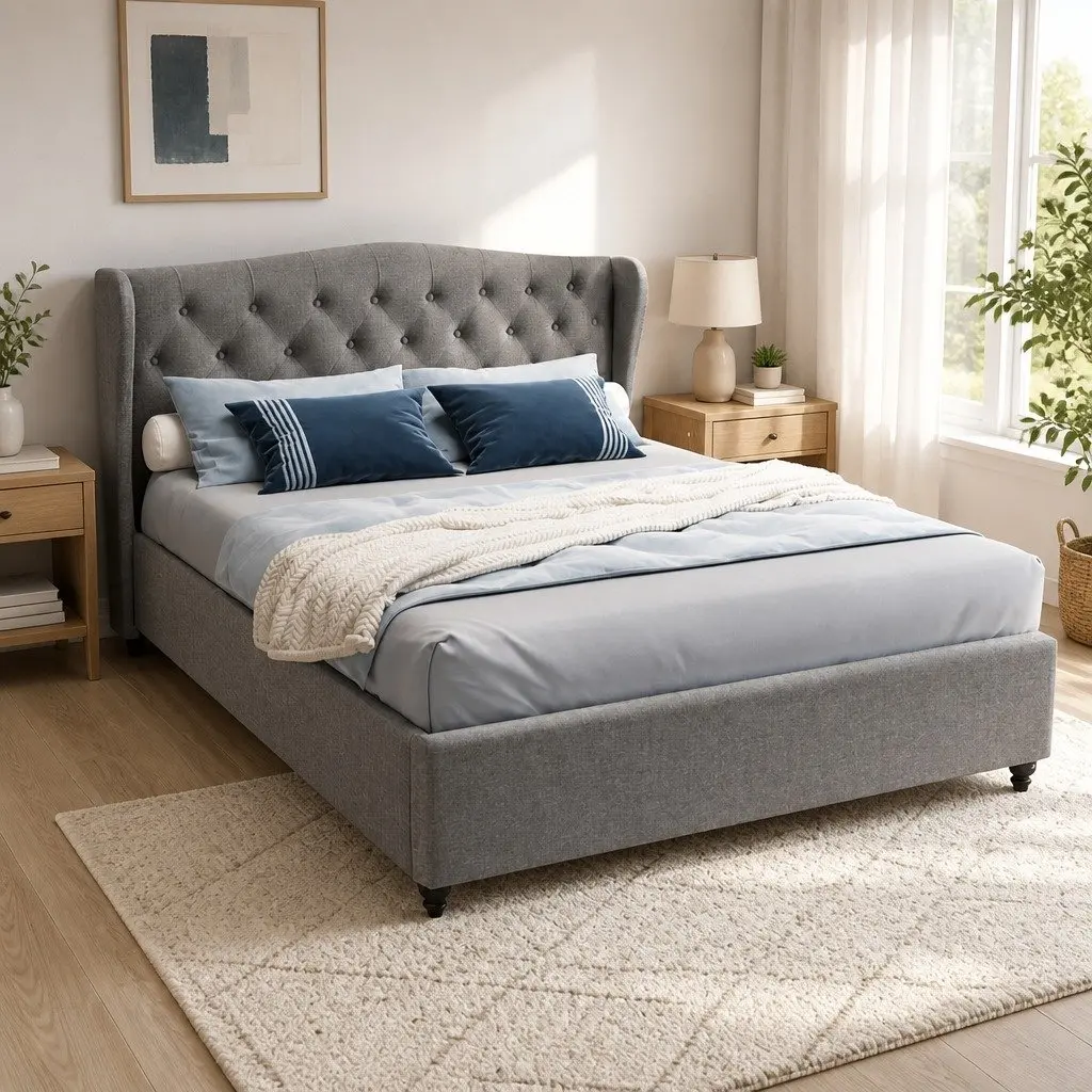 Grey Upholstered Queen Bed Frame with Wing Headboard