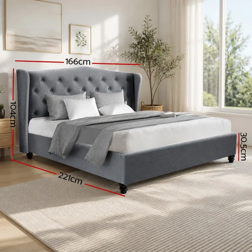 Grey Upholstered Queen Bed Frame with Wing Headboard
