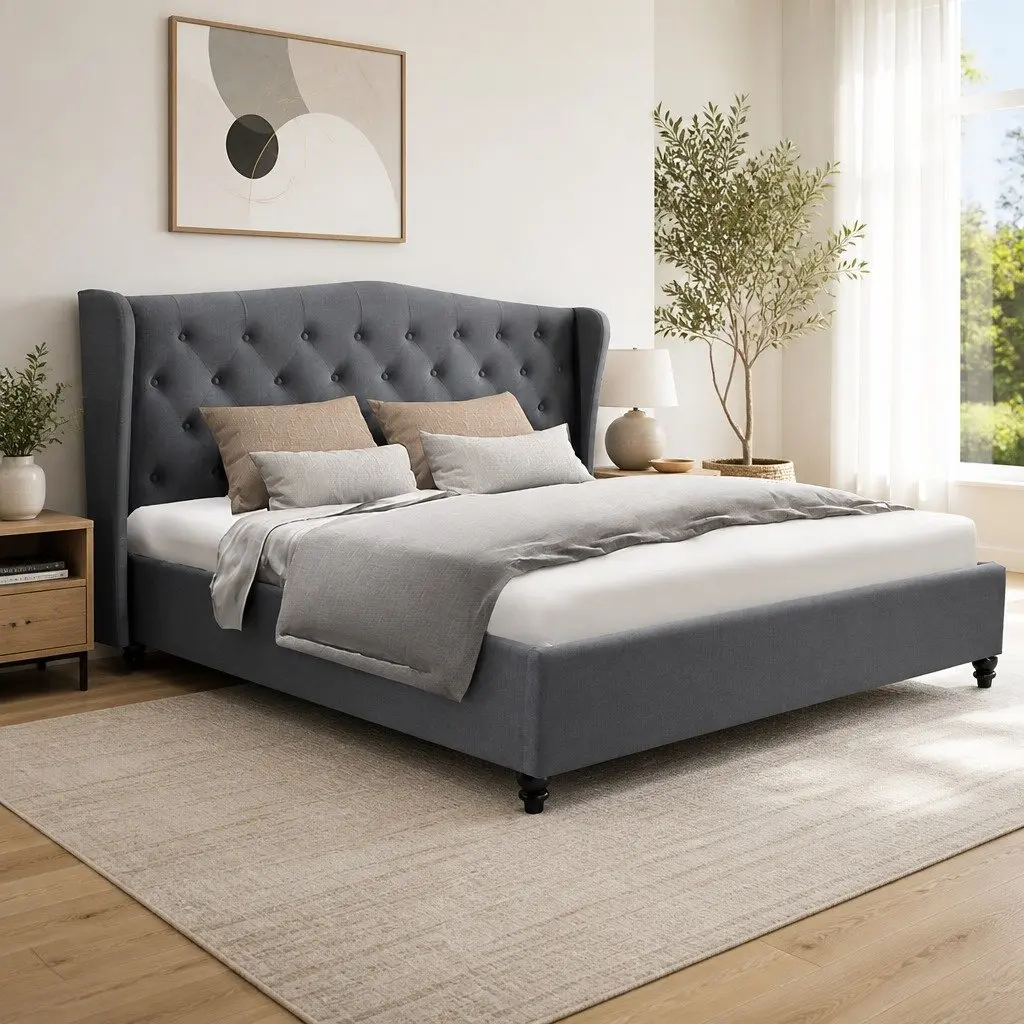 Grey Upholstered Queen Bed Frame with Wing Headboard