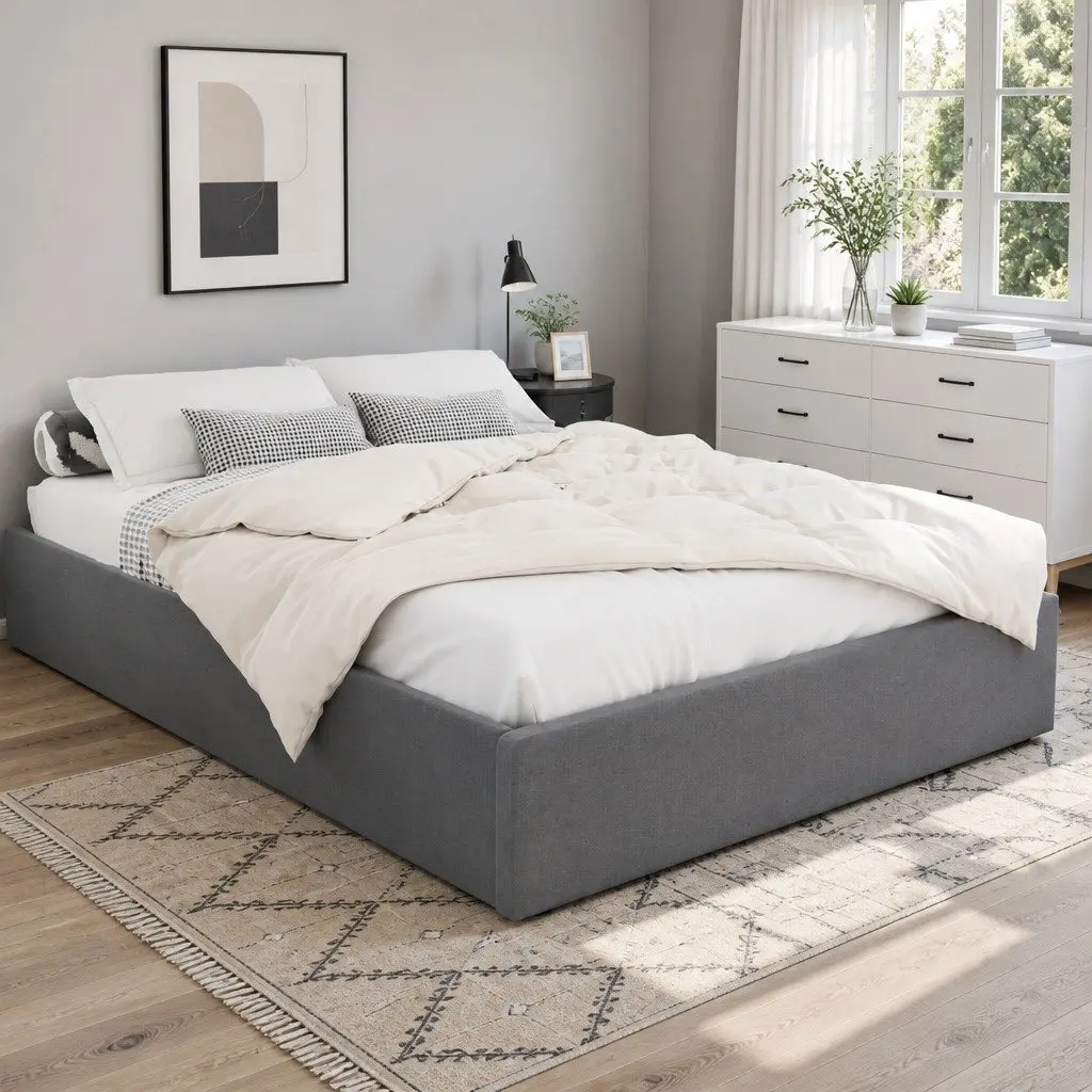 Queen Size Grey Bed Frame with Gas Lift Storage