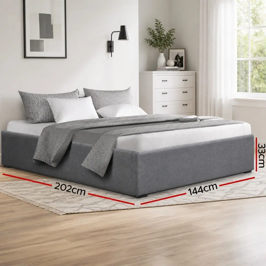 Queen Size Grey Bed Frame with Gas Lift Storage