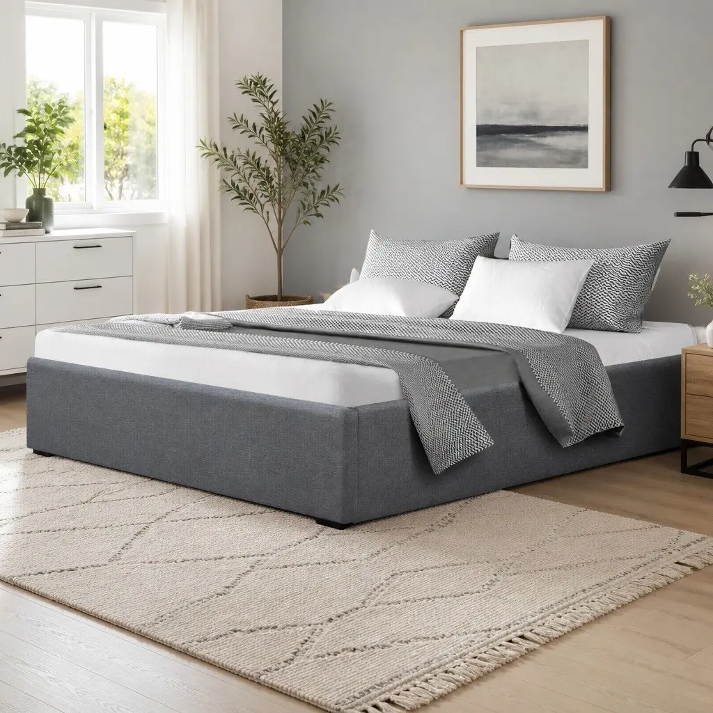 Queen Size Grey Bed Frame with Gas Lift Storage