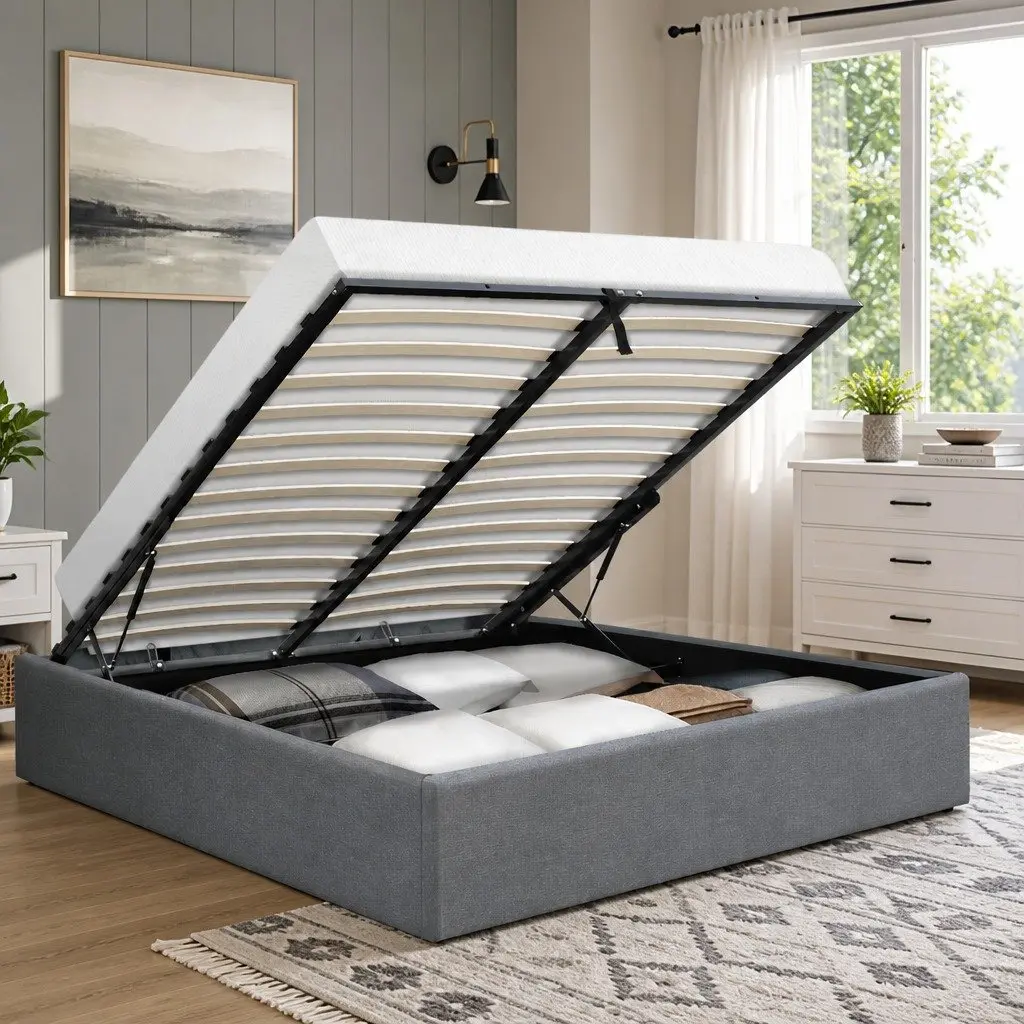 Queen Size Grey Bed Frame with Gas Lift Storage