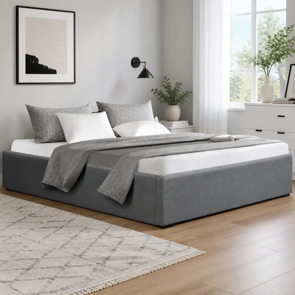 Queen Size Grey Bed Frame with Gas Lift Storage