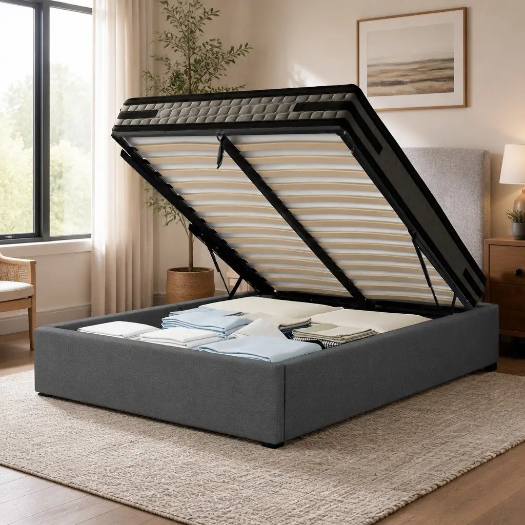 King Single Bed Frame Faux Linen Fabric with Gas Lift Storage and 36cm Mattress Set Grey