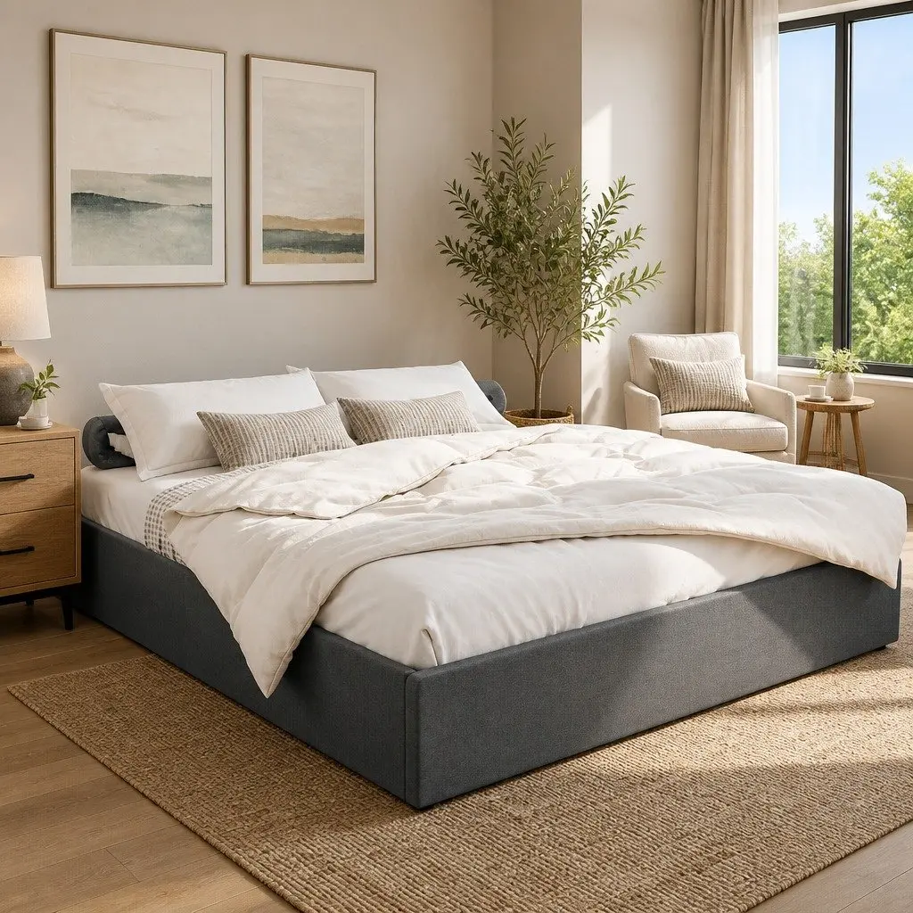 King Size Gas Lift Storage Bed Frame Grey Upholstered Platform Base