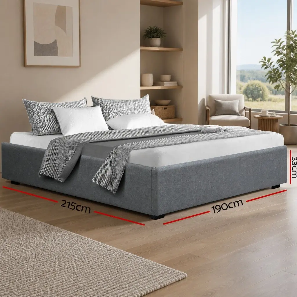 King Size Gas Lift Storage Bed Frame Grey Upholstered Platform Base