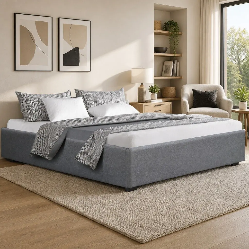 King Size Gas Lift Storage Bed Frame Grey Upholstered Platform Base