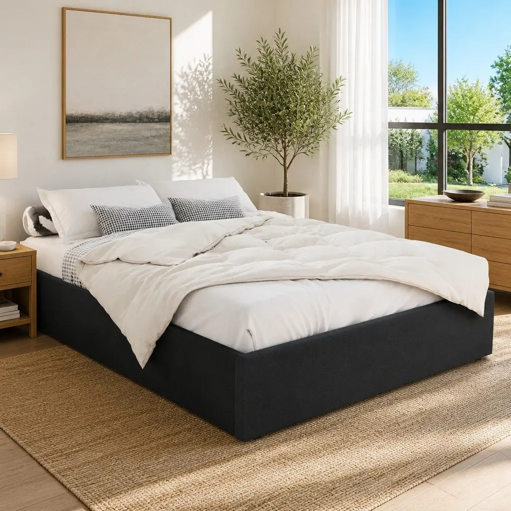 Gas Lift Bed Frame Wooden Slats Polyester Charcoal Queen Size