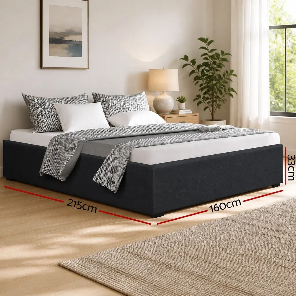 Gas Lift Bed Frame Wooden Slats Polyester Charcoal Queen Size