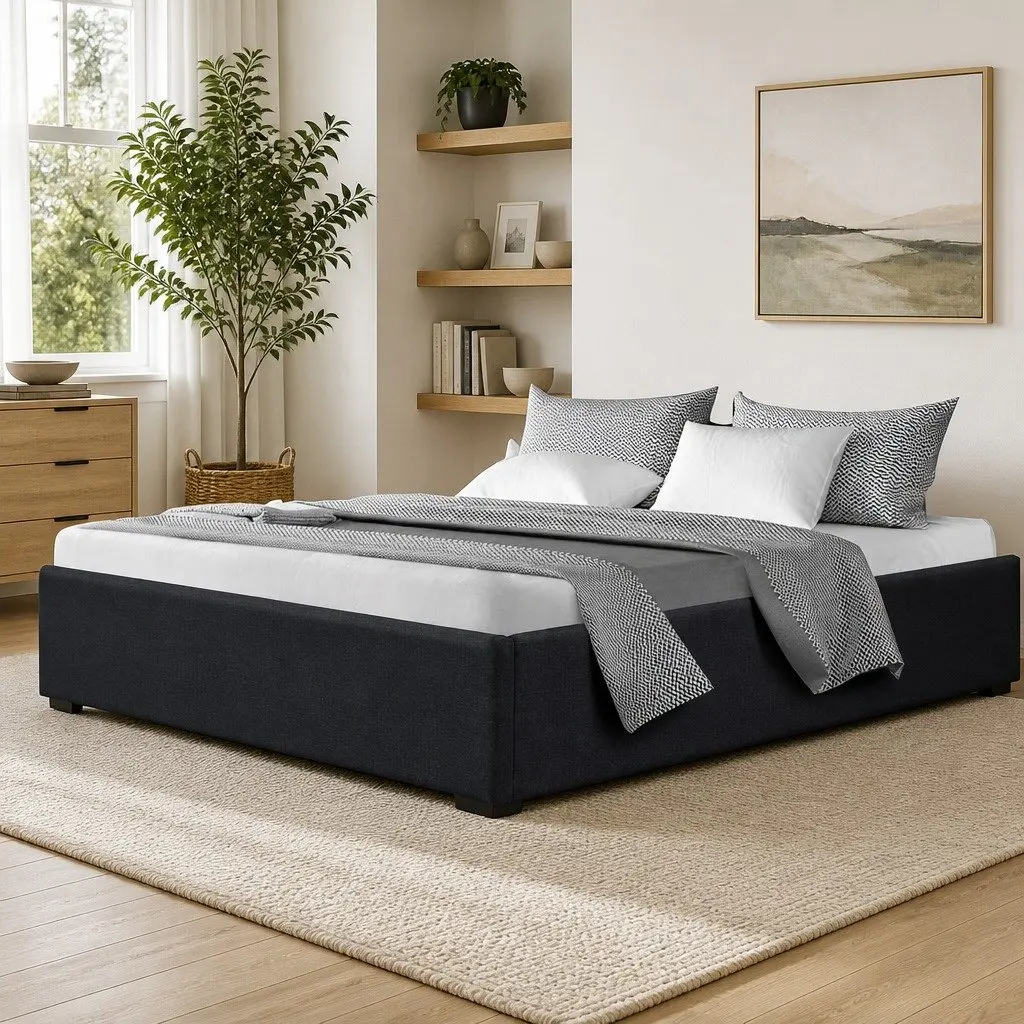 Gas Lift Bed Frame Wooden Slats Polyester Charcoal Queen Size