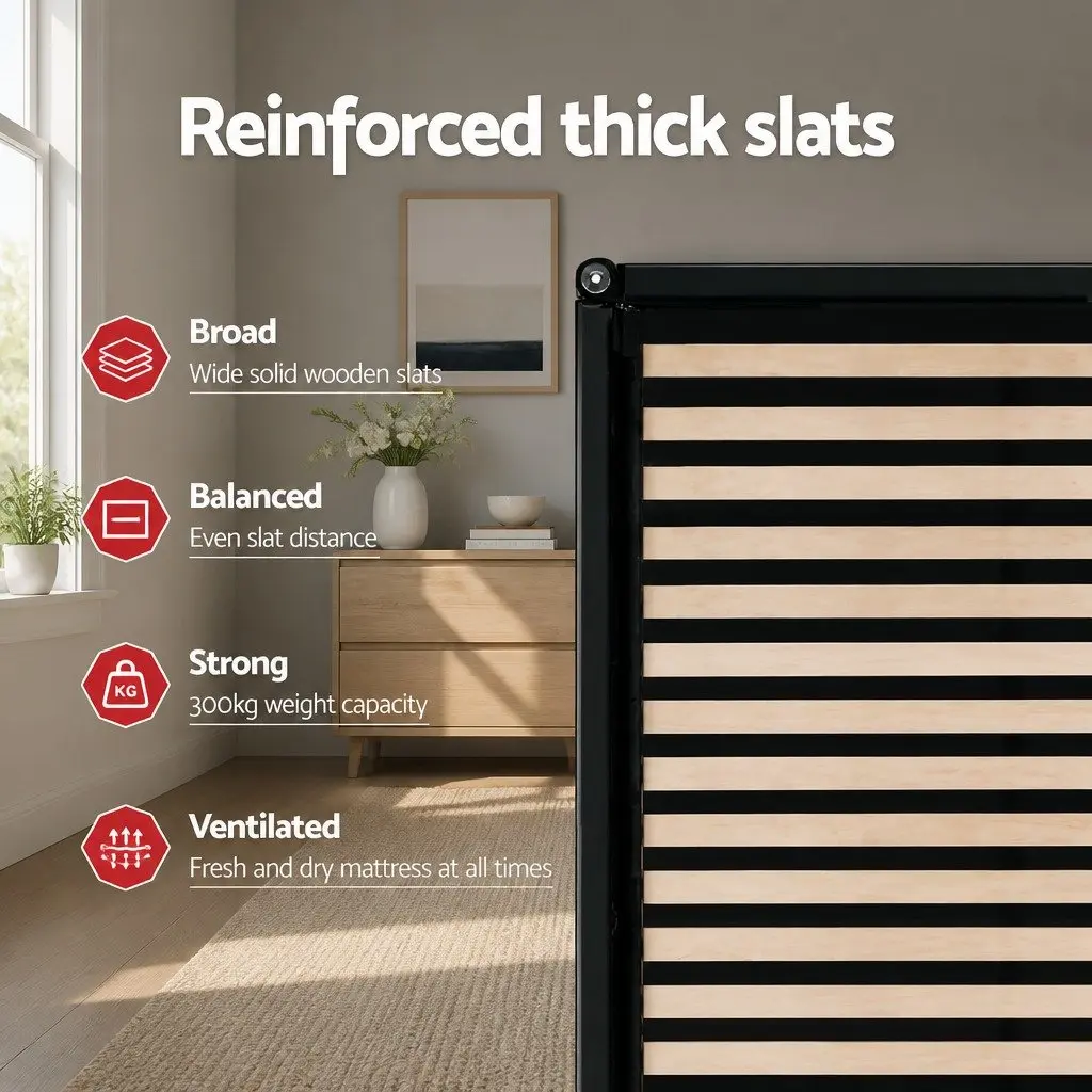 Gas Lift Bed Frame Wooden Slats Polyester Charcoal Queen Size