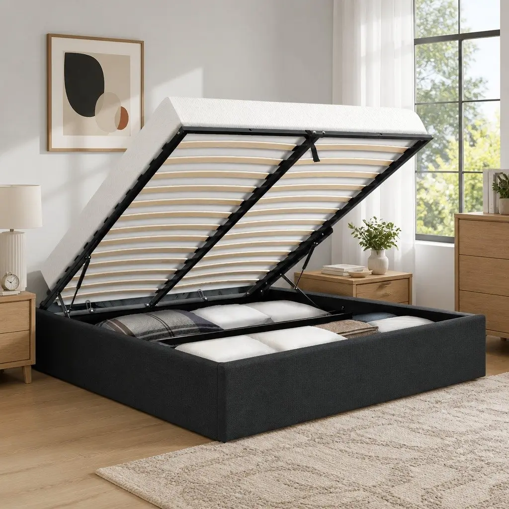 Gas Lift Bed Frame Wooden Slats Polyester Charcoal Queen Size