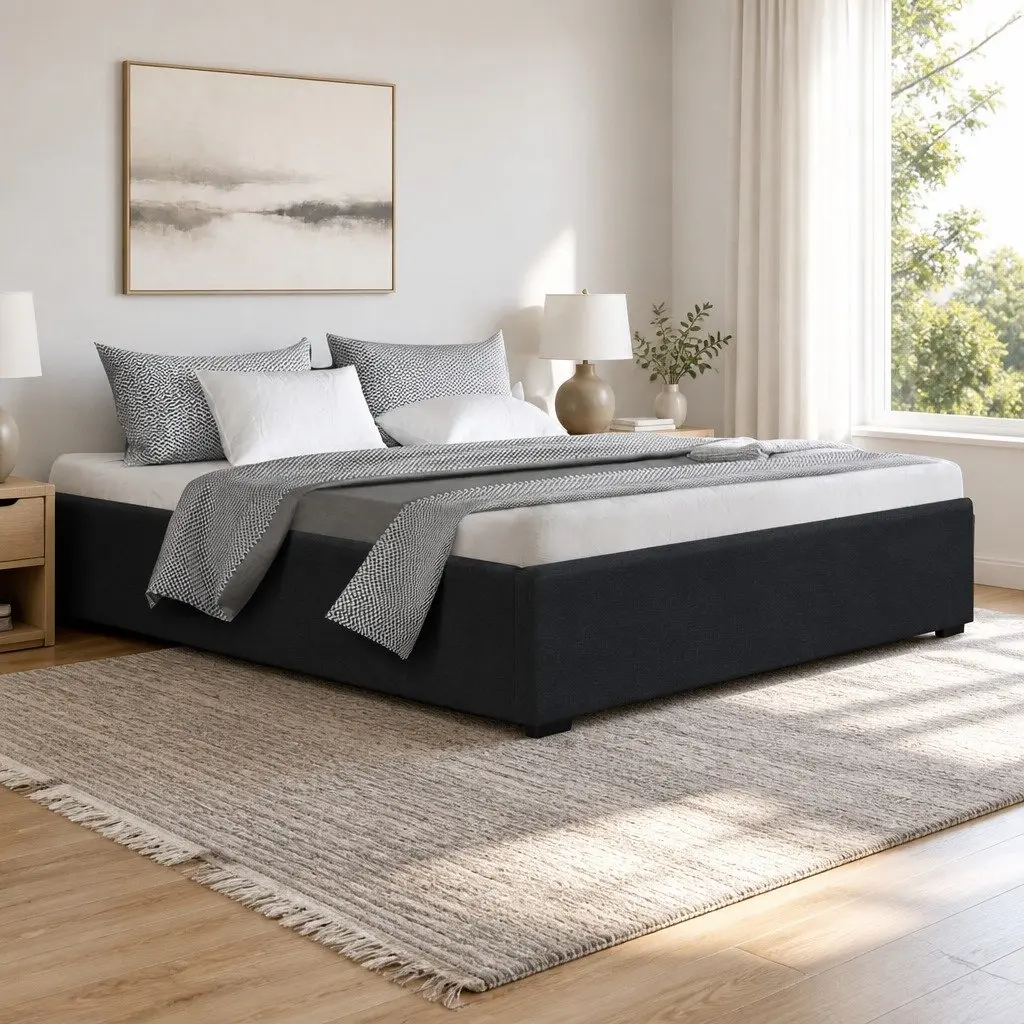 Gas Lift Bed Frame Wooden Slats Polyester Charcoal Queen Size
