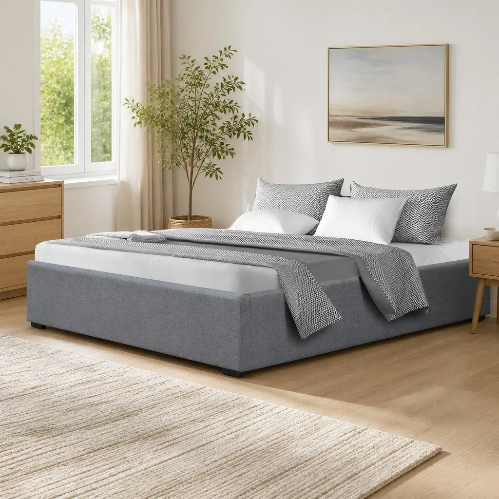 Grey Queen Size Gas Lift Bed Frame with Ample Storage