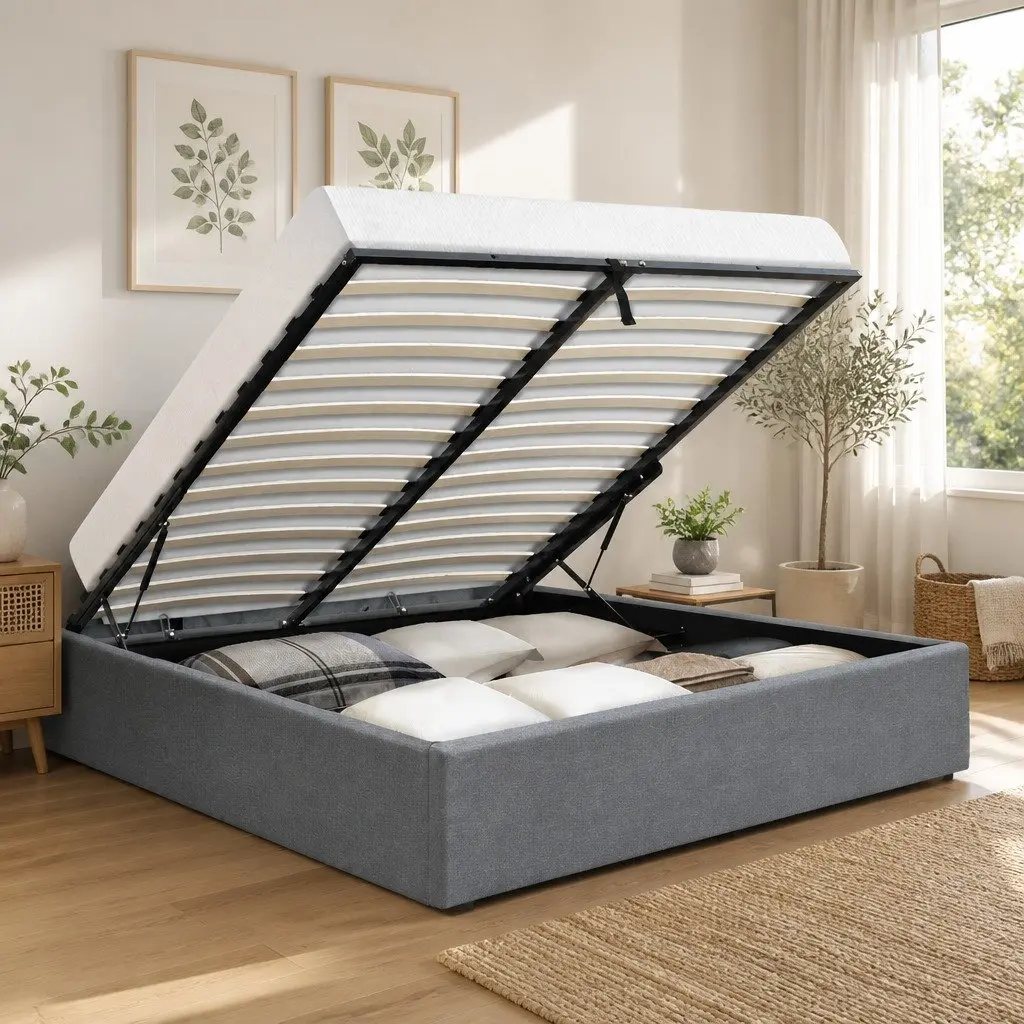 Grey Queen Size Gas Lift Bed Frame with Ample Storage