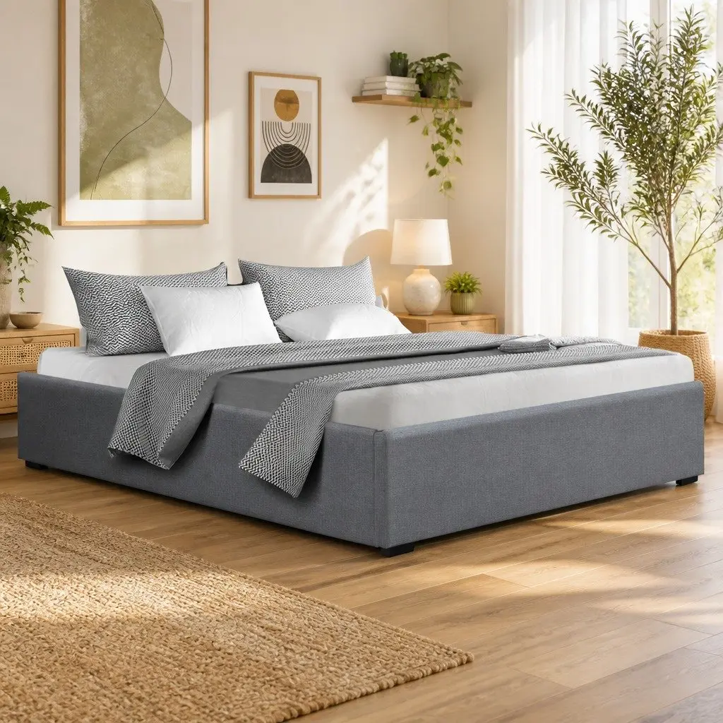 Grey Queen Size Gas Lift Bed Frame with Ample Storage