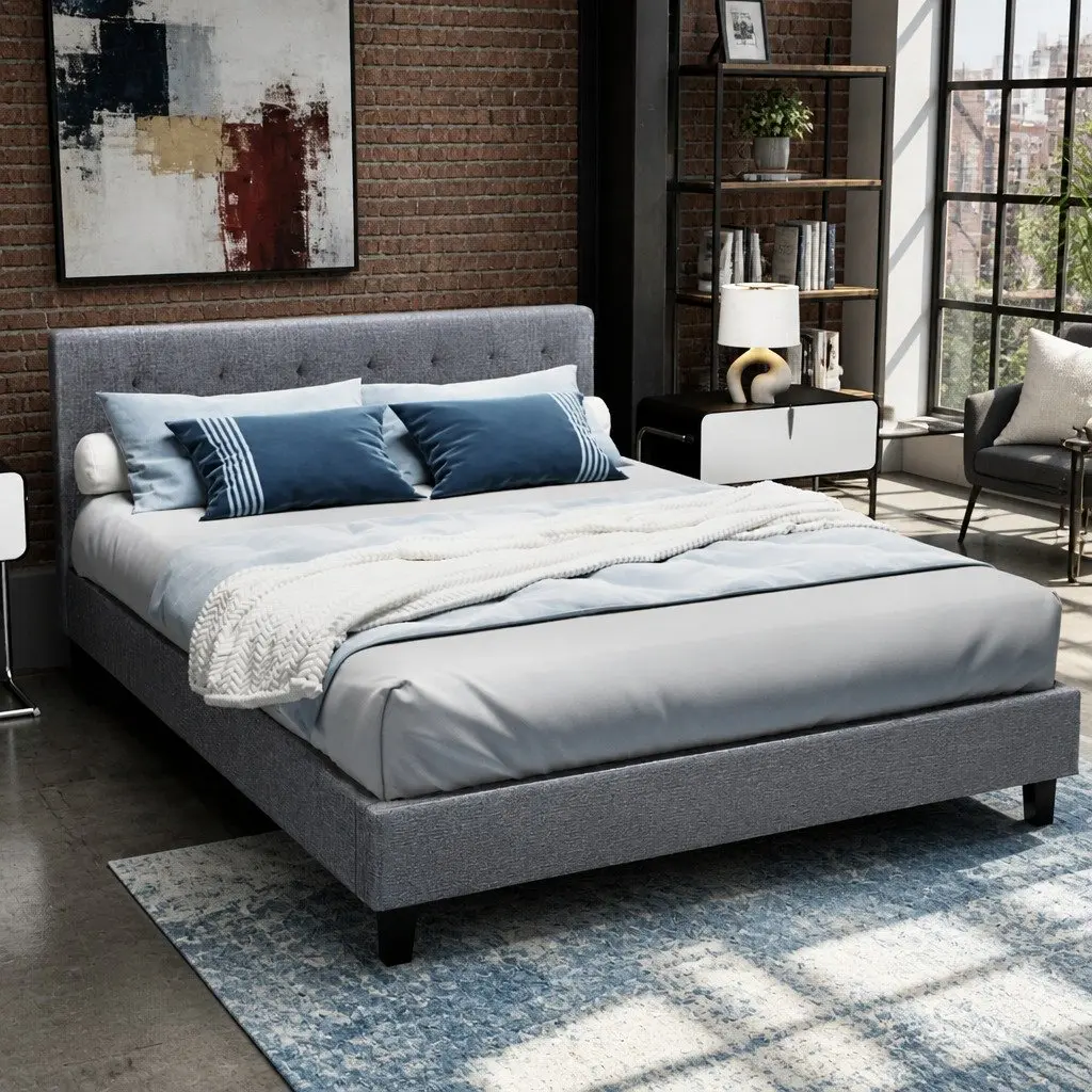 Grey Upholstered Double Bed Frame with Support