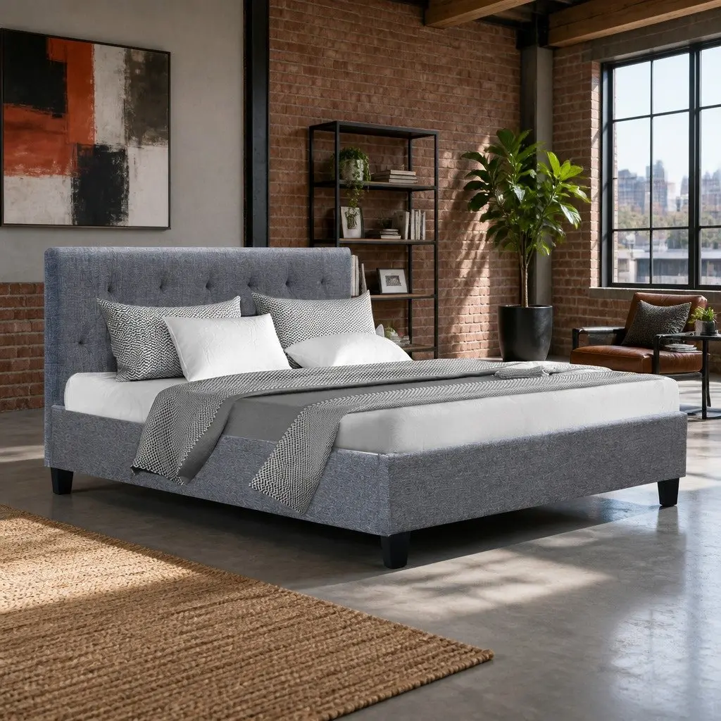 Grey Upholstered Double Bed Frame with Support