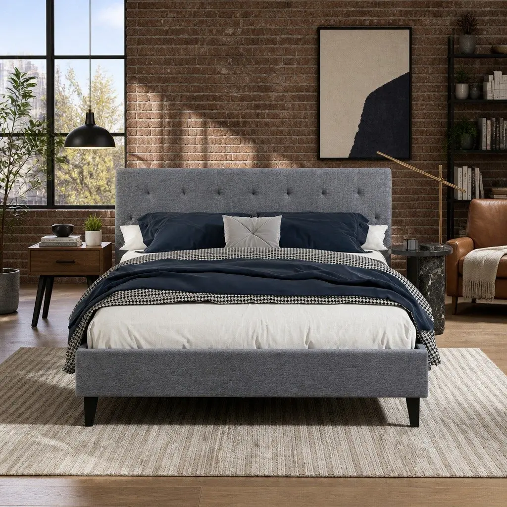 Grey Upholstered Queen Bed Frame with Padded Headboard
