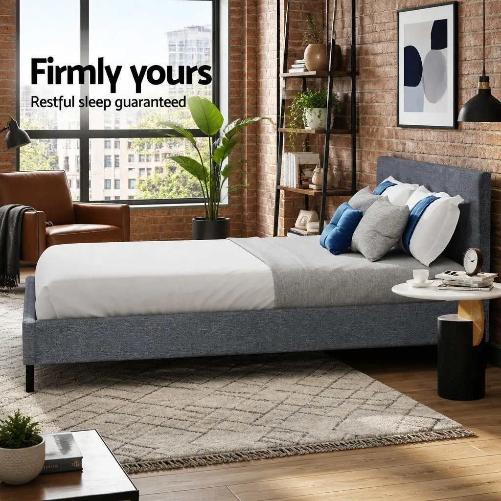 Grey Upholstered Queen Bed Frame with Padded Headboard