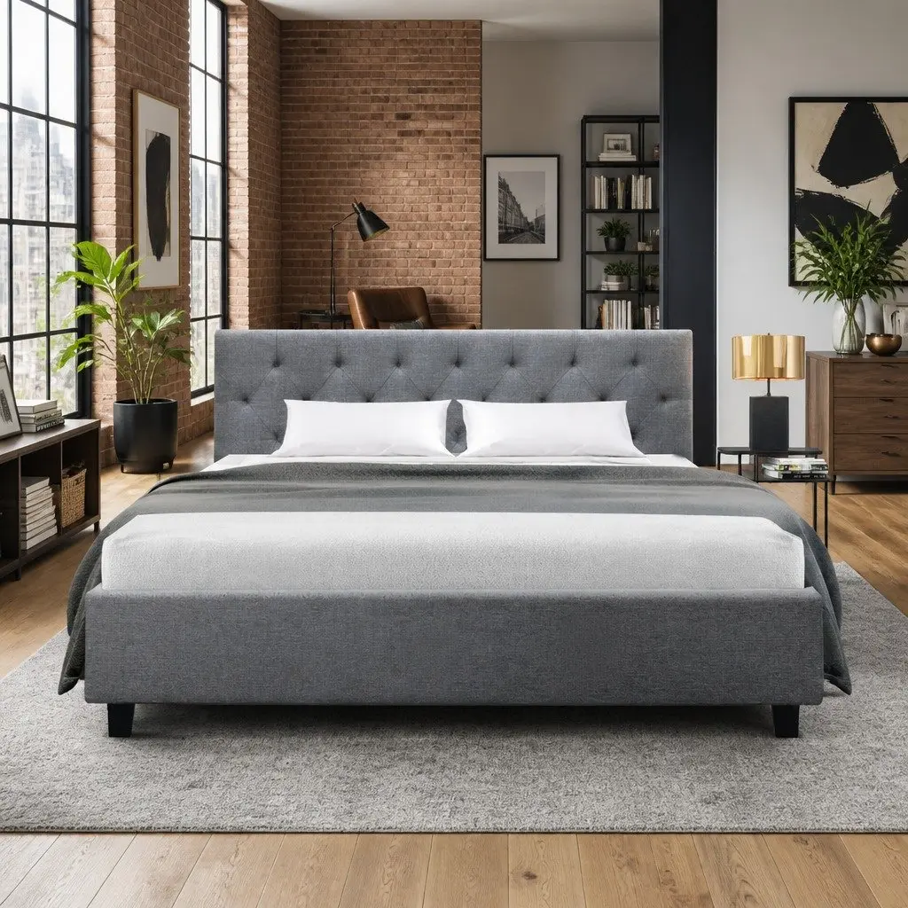 Grey Upholstered Queen Bed Frame with Padded Headboard