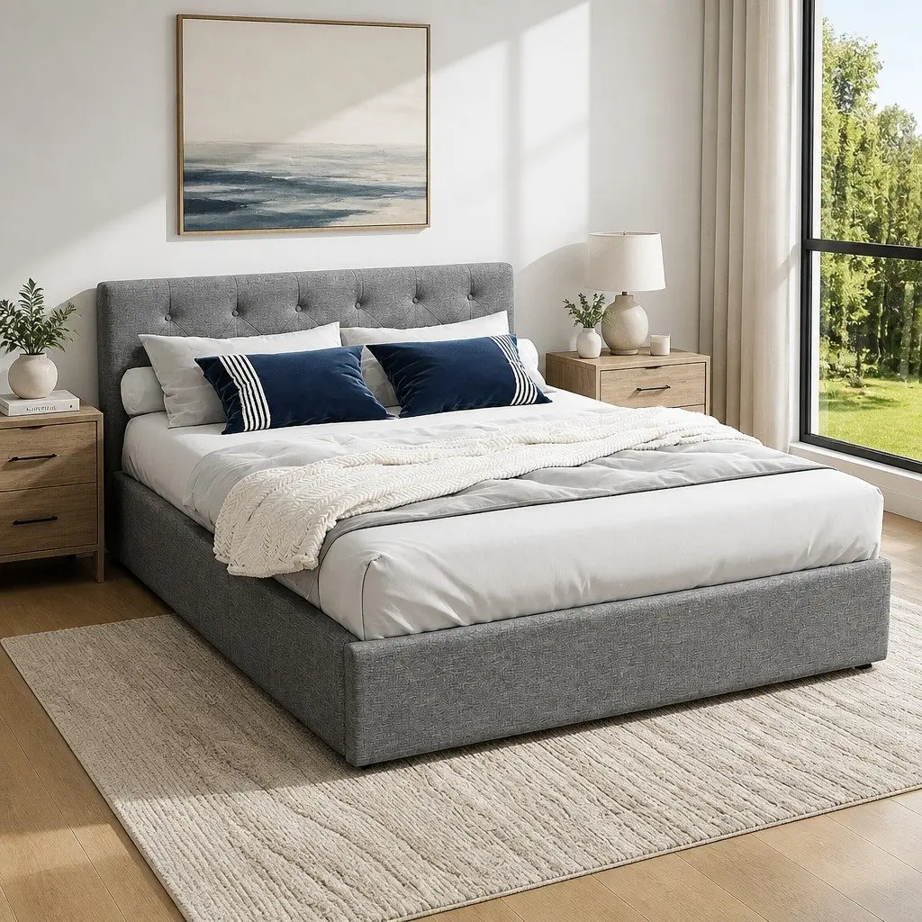 Grey Upholstered Double Gas Lift Bed Frame with Storage