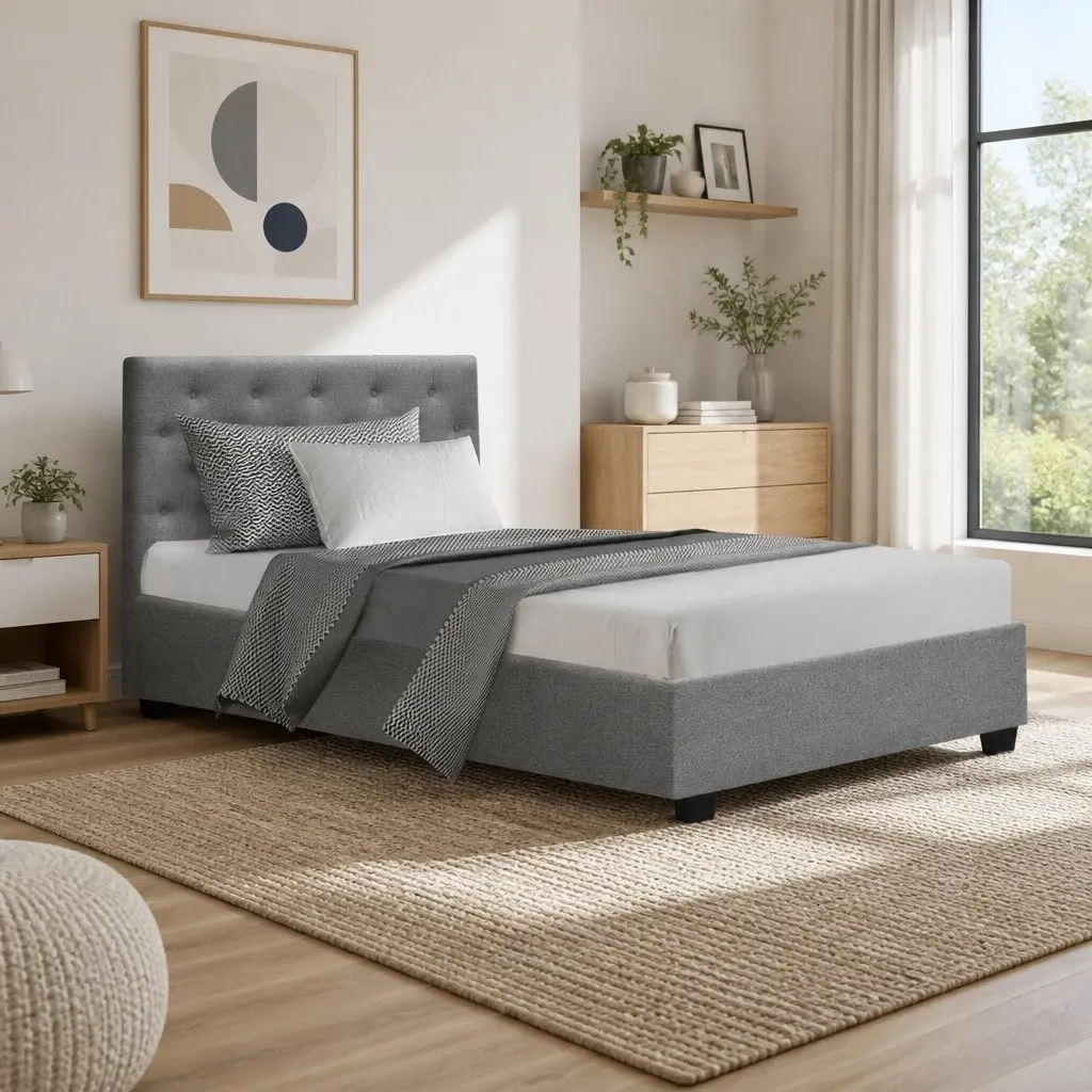 Gas Lift Storage King Single Bed Frame with Tufted Headboard