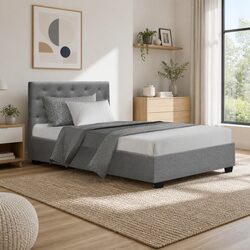 Gas Lift Storage King Single Bed Frame with Tufted Headboard