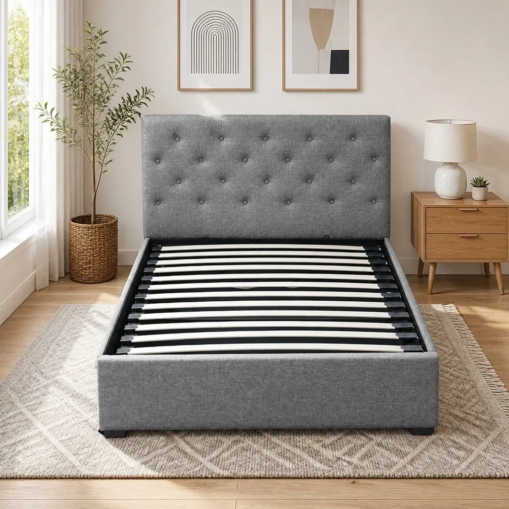Gas Lift Storage King Single Bed Frame with Tufted Headboard