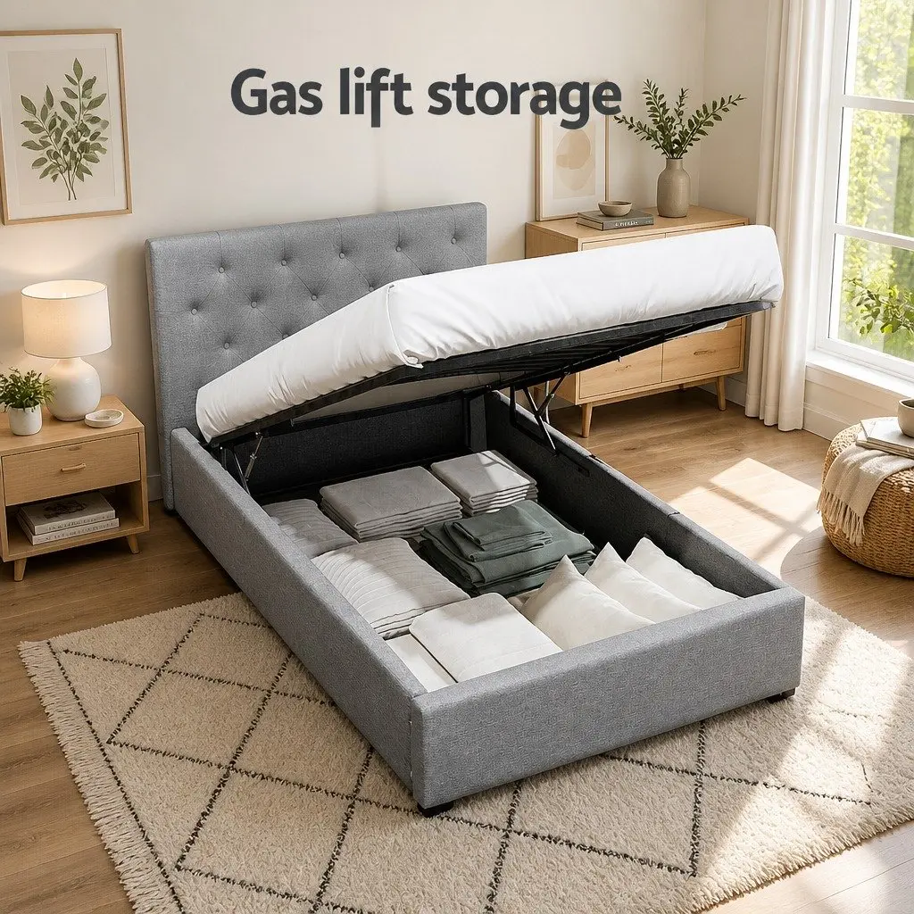 Gas Lift Storage King Single Bed Frame with Tufted Headboard