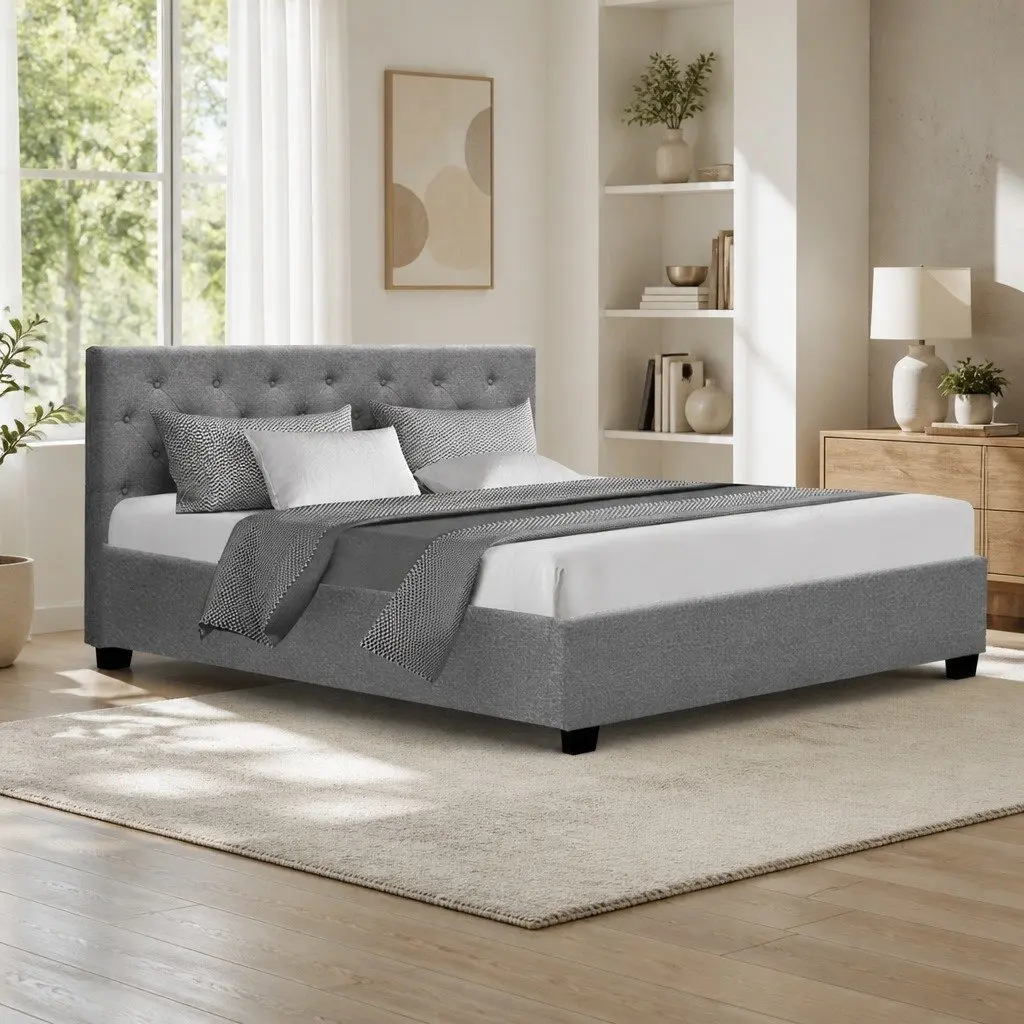 Bed Frame Queen Size Gas Lift Grey Storage Upholstered Bedroom Furniture