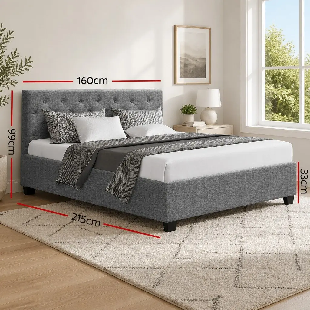 Bed Frame Queen Size Gas Lift Grey Storage Upholstered Bedroom Furniture
