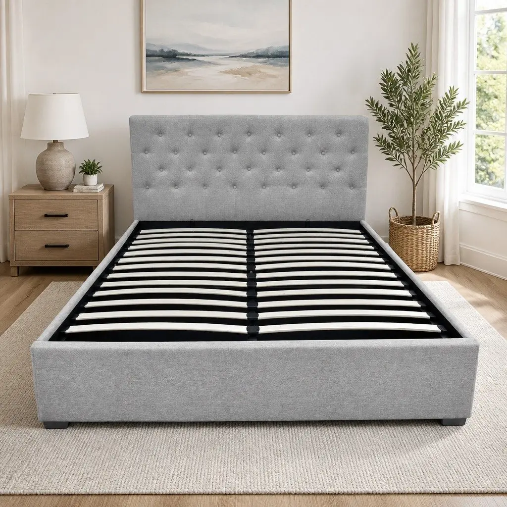 Bed Frame Queen Size Gas Lift Grey Storage Upholstered Bedroom Furniture