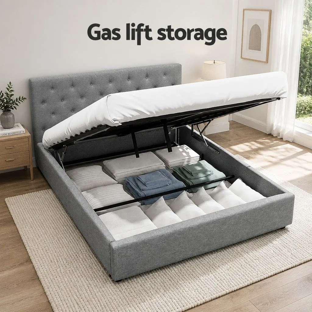 Bed Frame Queen Size Gas Lift Grey Storage Upholstered Bedroom Furniture