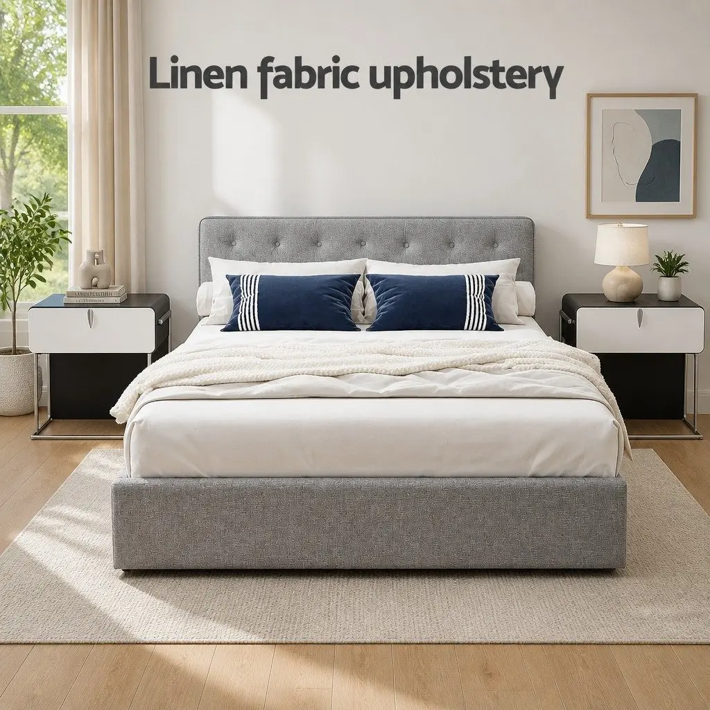 Bed Frame Queen Size Gas Lift Grey Storage Upholstered Bedroom Furniture
