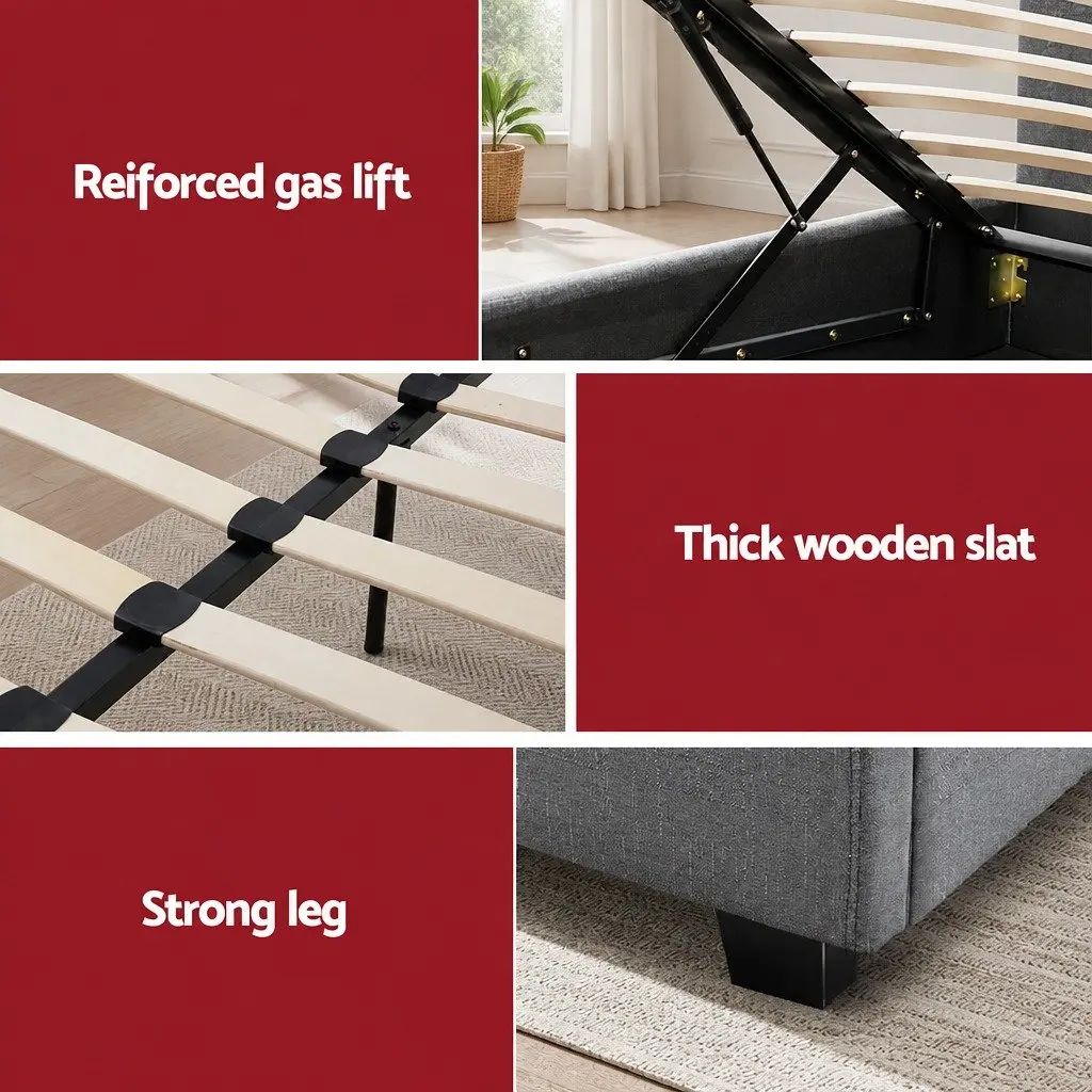 Bed Frame Queen Size Gas Lift Grey Storage Upholstered Bedroom Furniture