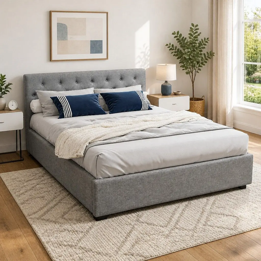 Bed Frame Queen Size Gas Lift Grey Storage Upholstered Bedroom Furniture