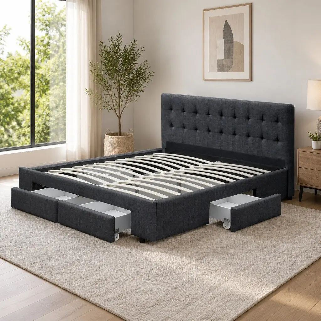 Grey Upholstered Double Bed Frame with Storage Drawers