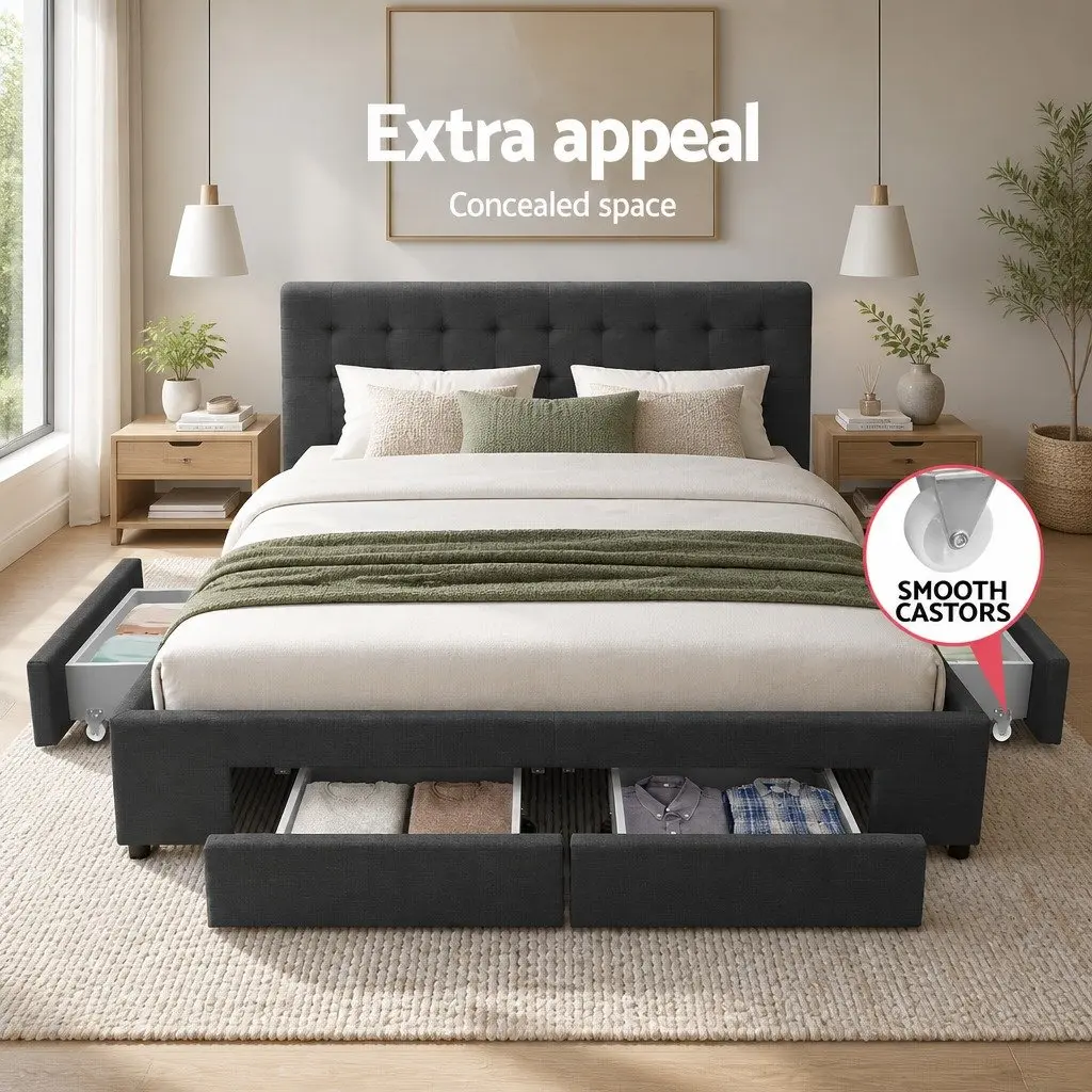 Grey Upholstered Double Bed Frame with Storage Drawers