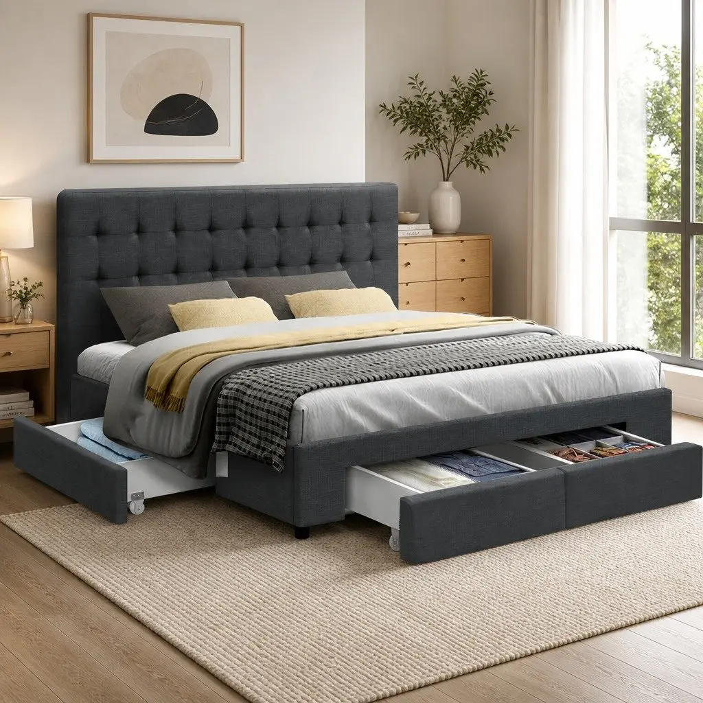 Grey Upholstered Double Bed Frame with Storage Drawers