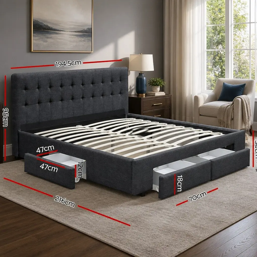 King Size Bed Frame Faux Linen Charcoal Grey Upholstered with 4 Storage Drawers